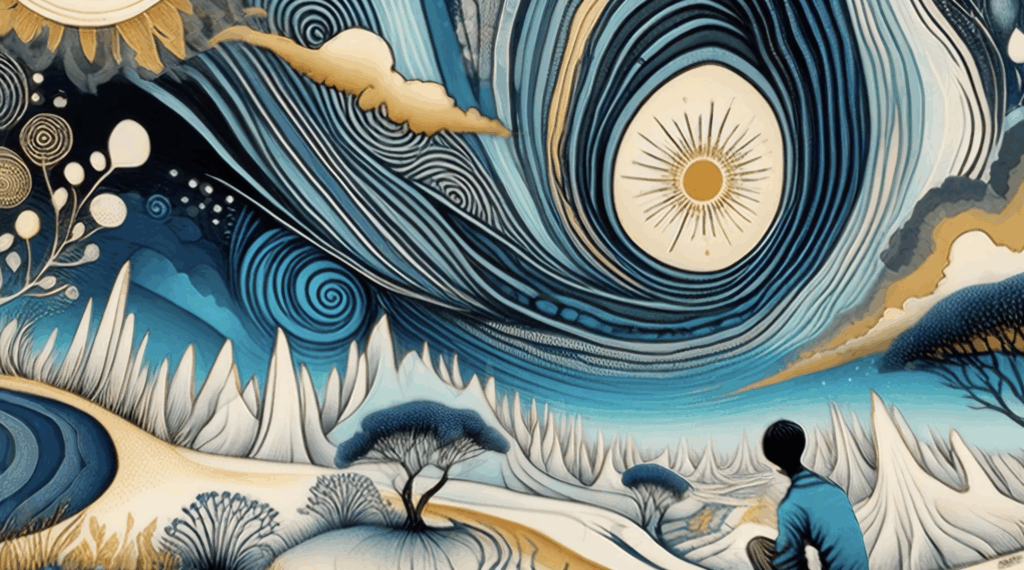 A glowing red fractal pattern emerging from a dark desert floor, a texture of subtle sacred geometry.